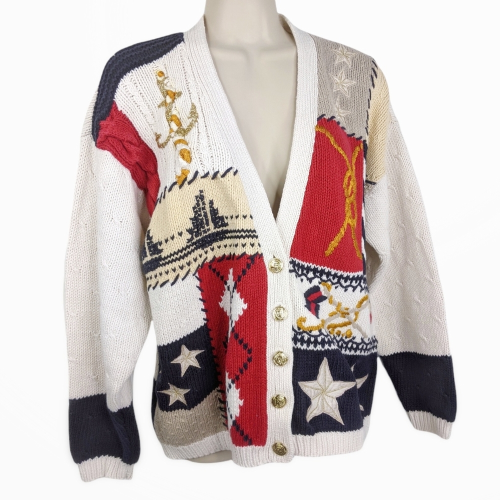 Vintage Red White Navy Patchwork Cable Knit Cardigan